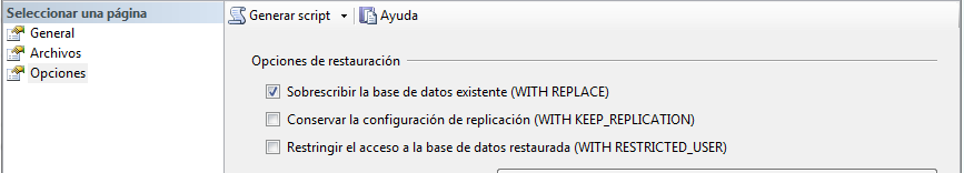 Error en la restauración de la base de datos