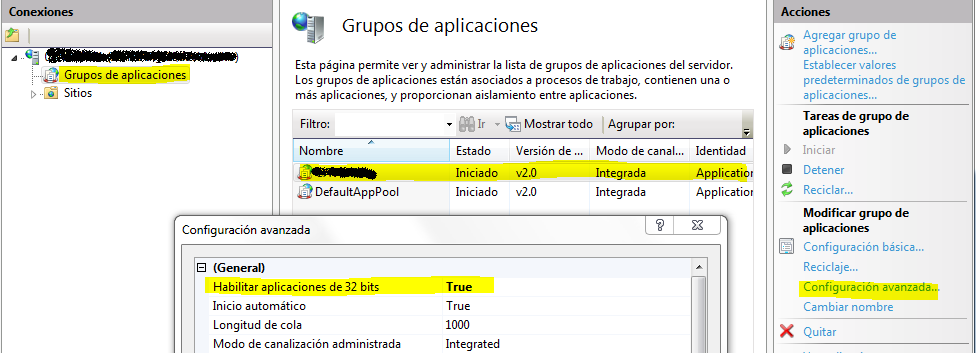 Cómo habilitar aplicaciones de 32 bits en IIS7