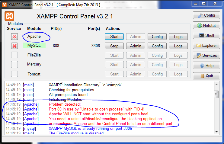 Port 80 in use by 'Unable to open process' with PID 4!